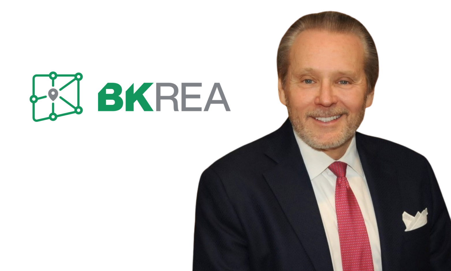 A smiling man wearing a dark suit, white shirt, and red tie, with a white pocket square, next to a logo that consists of a green geometric network icon and the text 'BKREA' in green and gray.