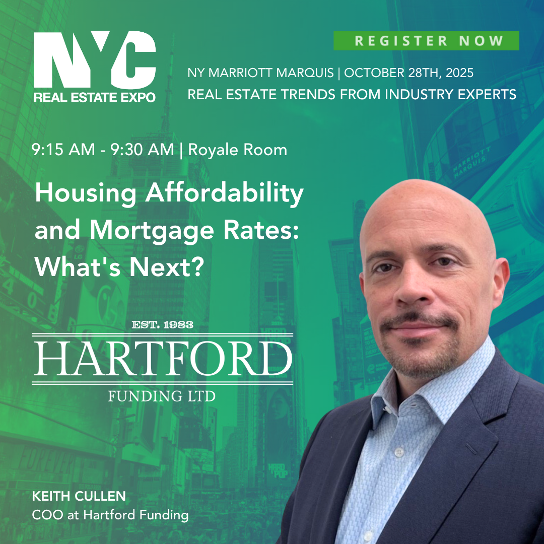 Promotional flyer for the NYC Real Estate Expo at the NY Marriott Marquis on October 28, 2025, featuring a discussion on housing affordability and mortgage rates, with a photo of Keith Cullen, COO at Hartford Funding, over a cityscape background.