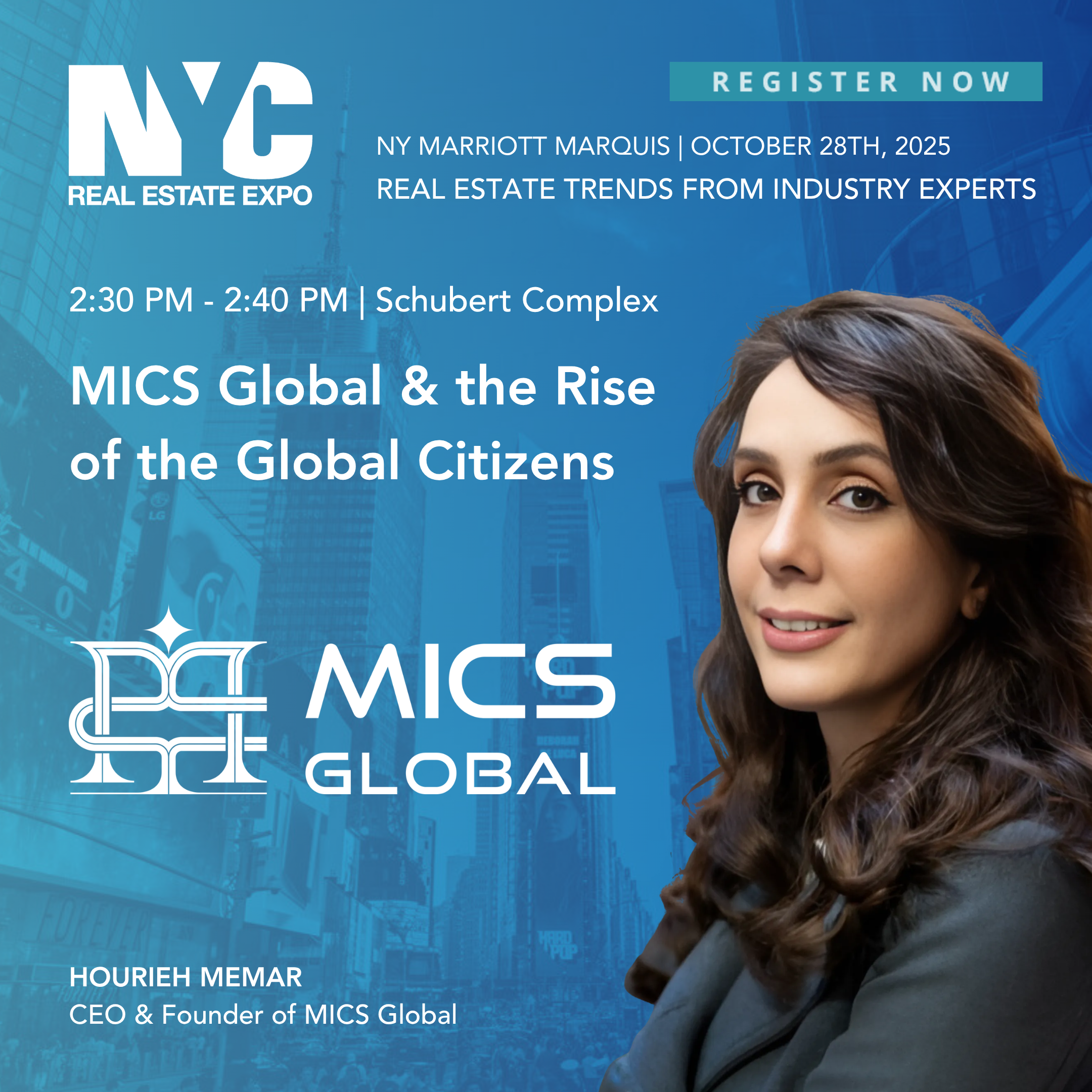 Partial view of woman with brown hair, smiling, against a blue background with city buildings and text about a real estate expo