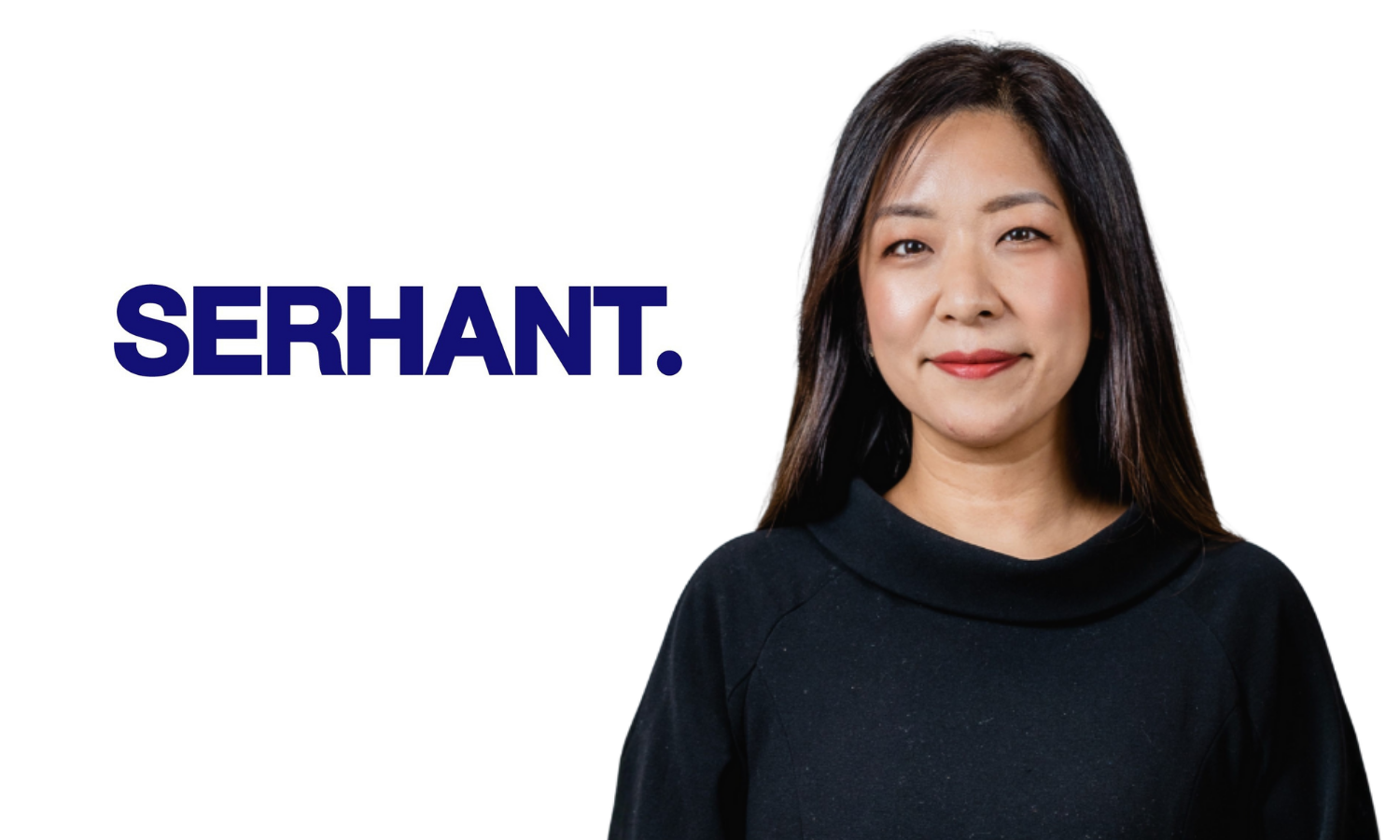 A woman with long dark hair wearing a black top, smiling slightly, standing next to the bold text 'SERHANT.' in dark blue on a white background.