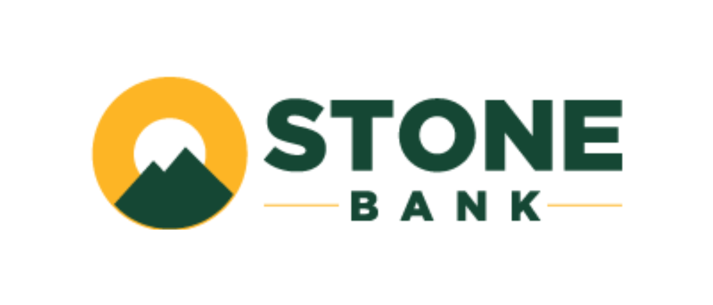 Logo for Stone Bank featuring a mountain with a yellow sun in the background.