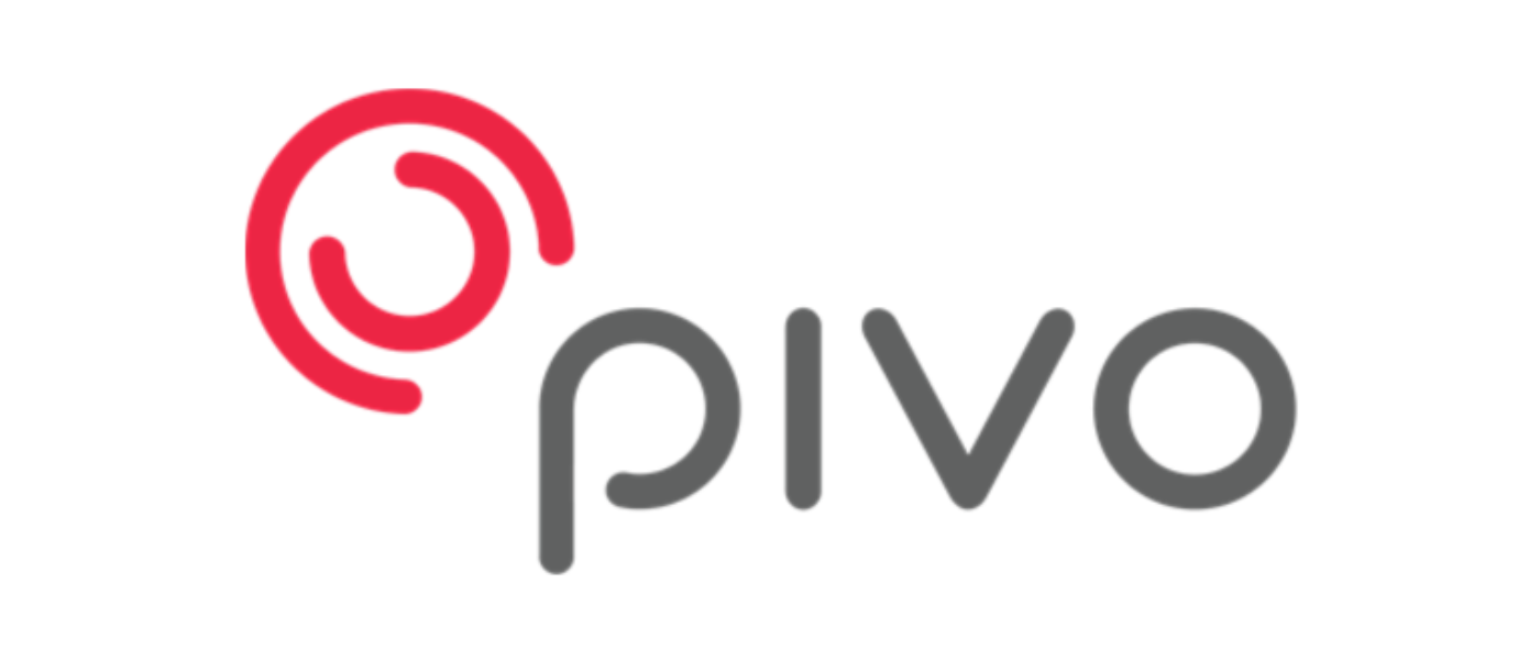 Logo with a red spiral icon and the word "pivo" in gray lowercase letters