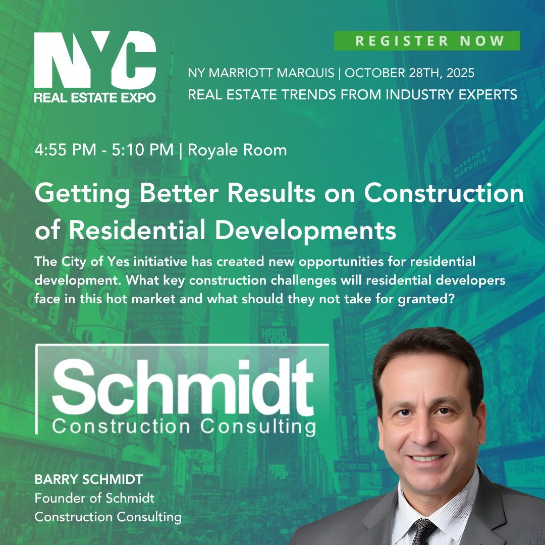 Conference flyer for NYC Real Estate Expo with event details, speaker Barry Schmidt of Schmidt Construction Consulting, and a cityscape background.