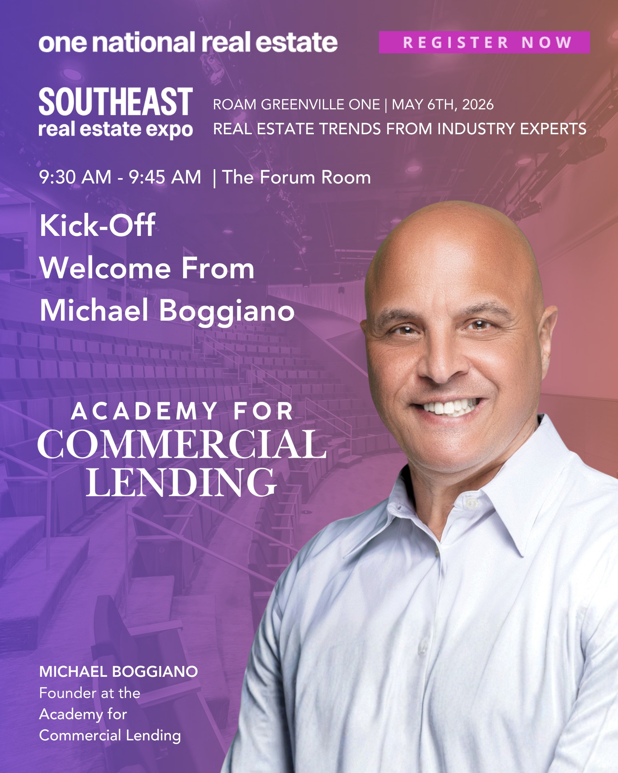 Event promotional poster for Southeast real estate expo featuring a headshot of Michael Boggiano, details of the event, and a background of a conference room or auditorium with purple and pink overlay.
