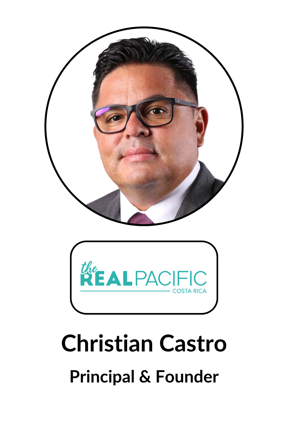 Professional headshot of Christian Castro, principal and founder, with the logo 'the REAL PACIFIC COSTA RICA' below his photo.