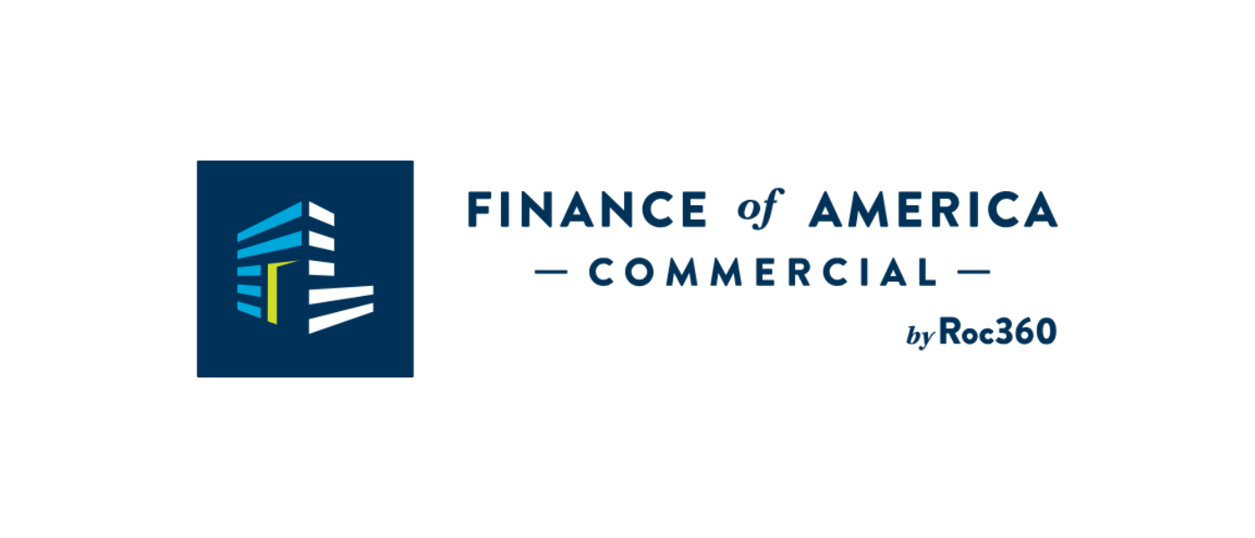 Logo for Finance of America Commercial by Roc360, featuring a stylized building icon in blue and green.