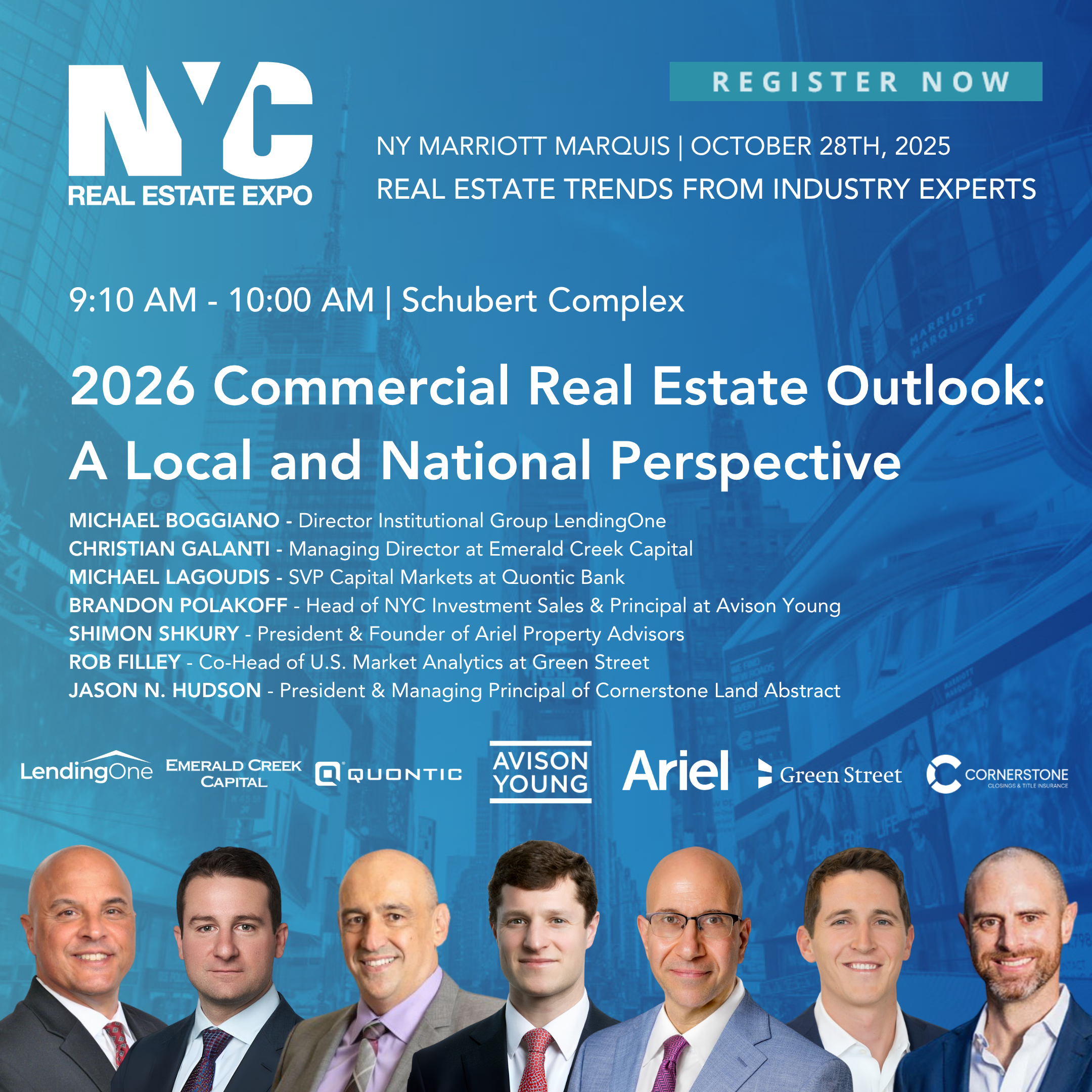 Poster for the NY Real Estate Expo featuring headshots of several male speakers in suits, event details including date, time, location, and topics on commercial real estate outlook.