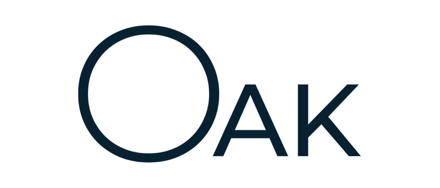 Logo with a large circle representing an 'O' followed by the word 'OAK' in bold letters.