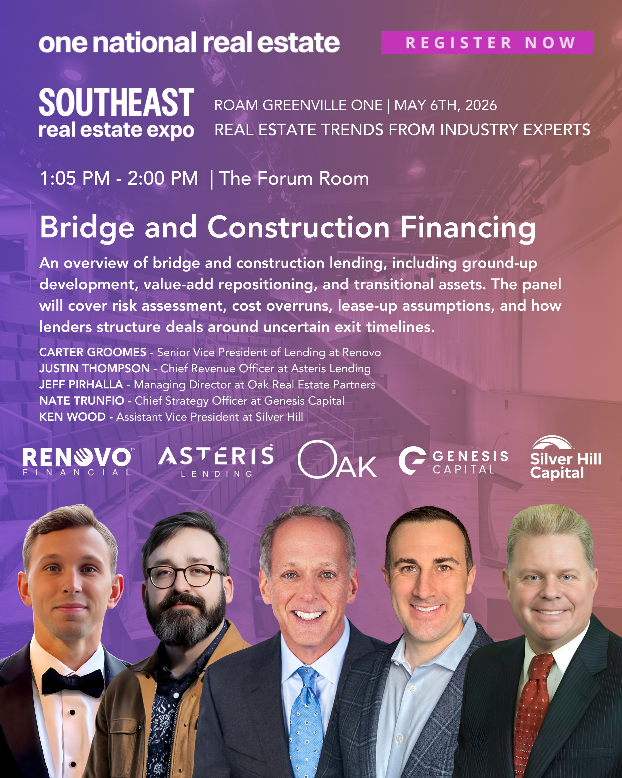 Poster for Southeast real estate expo featuring a headshot of five diverse professional men in suits and casual clothing, with logos of various real estate companies at the bottom, and event details including date, time, and location.