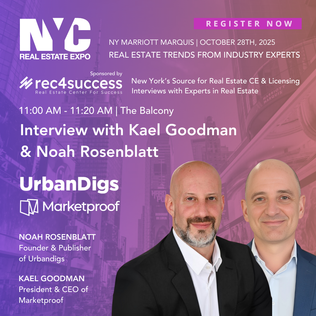 Event poster for NYC Real Estate Expo featuring interviews with Kael Goodman and Noah Rosenblatt, scheduled for October 28th, 2025, at NY Marriott Marquis, from 11:00 AM to 11:20 AM at The Balcony. Includes details about sponsors, speakers, and topic