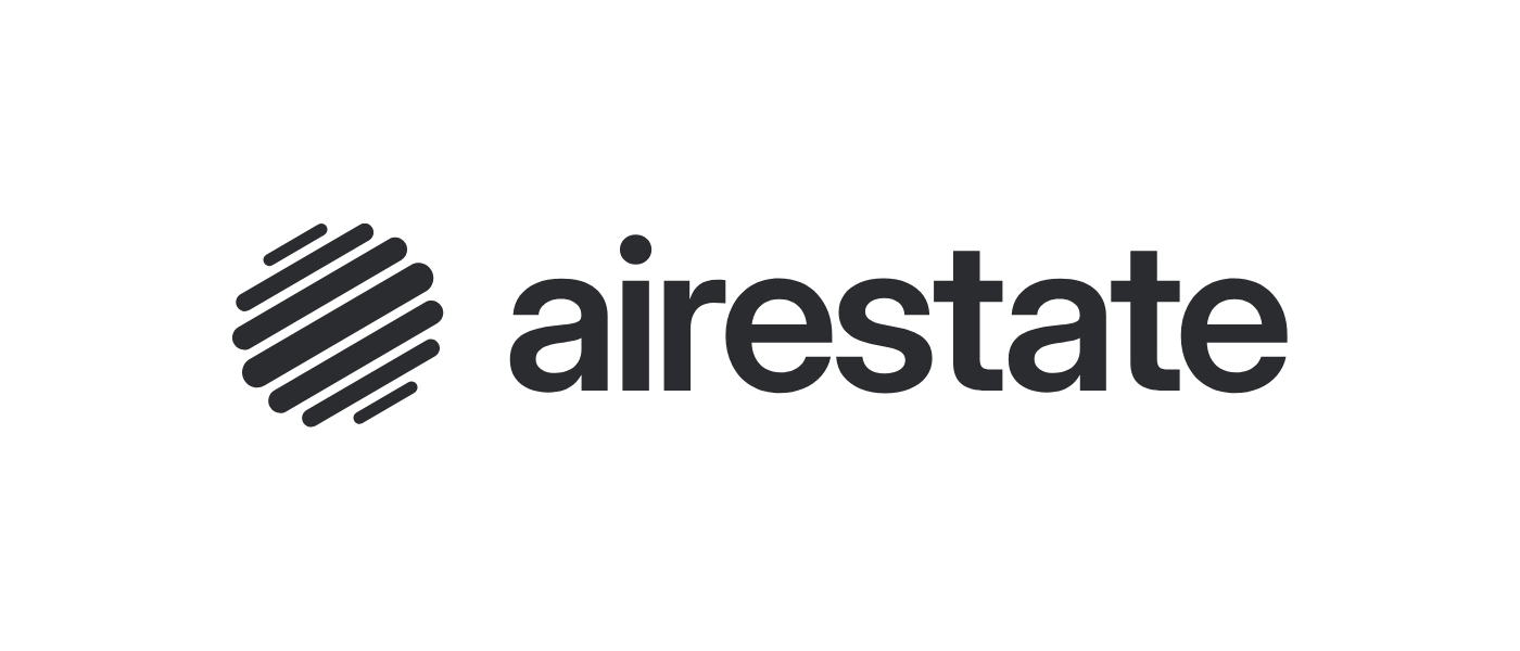 The Airstate logo featuring a black abstract globe with diagonal lines and the word 'airstate' in lowercase black letters.