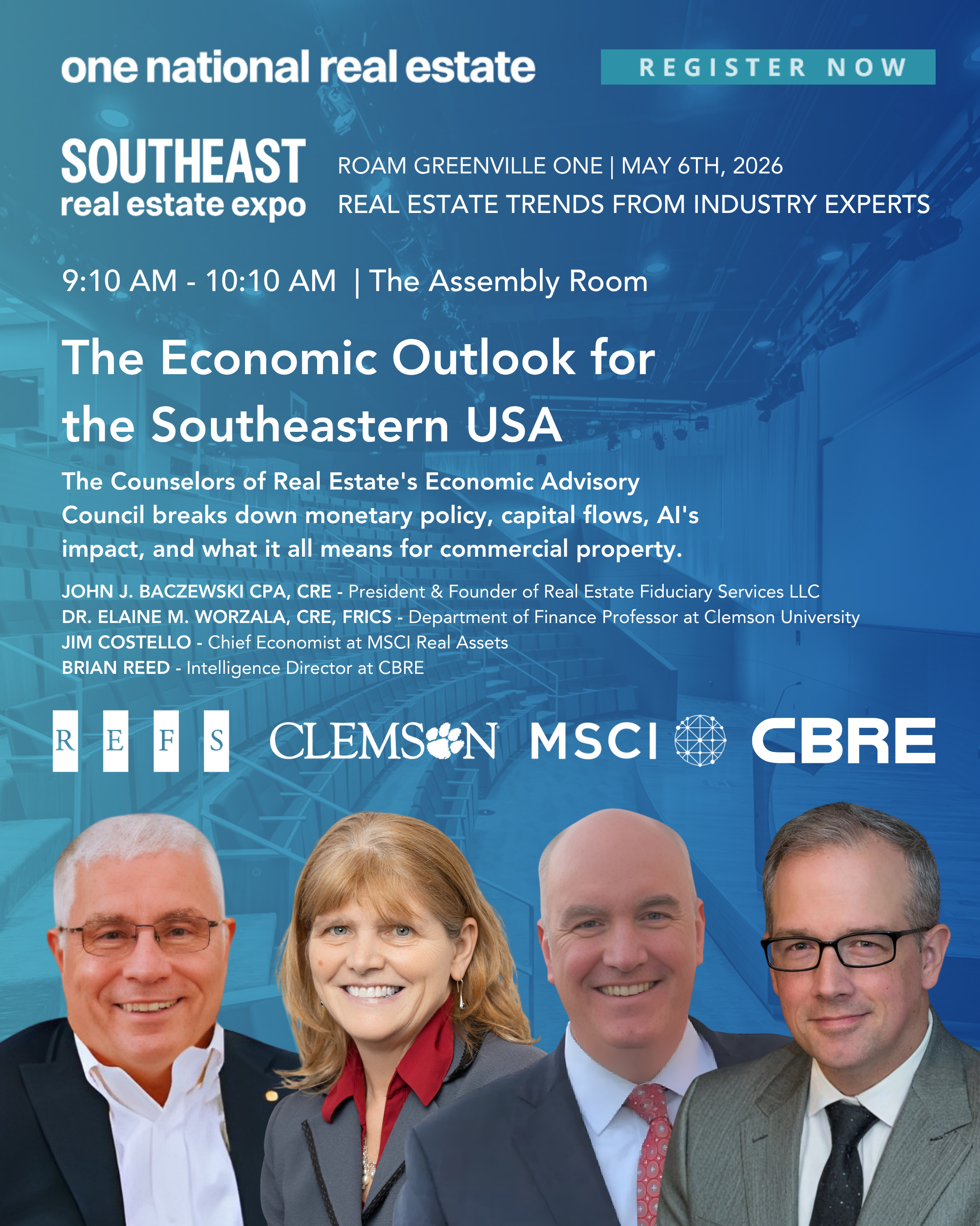 A promotional poster for the Southeast real estate expo with photos of four speakers at the event, including a man in a tuxedo, a woman with blonde hair, a man in a suit and tie, and another man in glasses and a suit. The event is scheduled for May 6