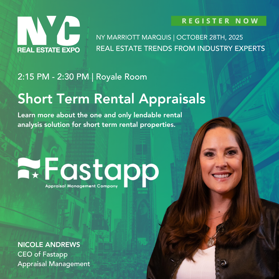 Event poster for NYC Real Estate Expo, featuring a session on short term rental appraisals hosted by Fastapp, with Nicole Andrews, CEO of Fastapp, pictured smiling in a black leather jacket.