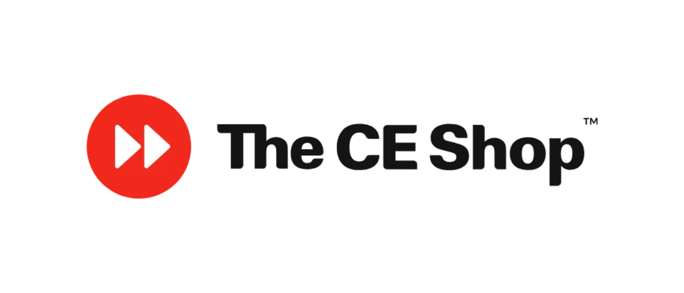 Logo for The CE Shop with a red circle containing two white play buttons facing right, next to bold black text saying 'The CE Shop'.