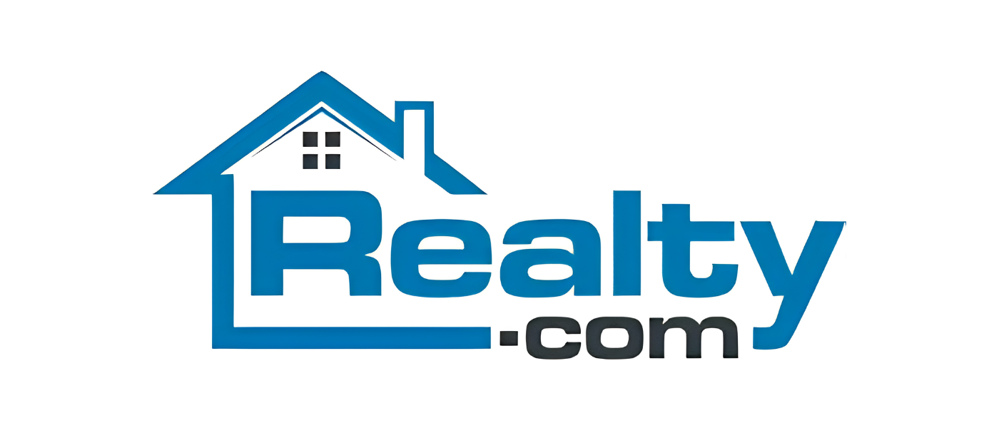 Logo for Realty.com featuring a blue house outline with a roof and chimney, and the text 'Realty.com' with 'Realty' in large blue letters and '.com' in smaller black letters.