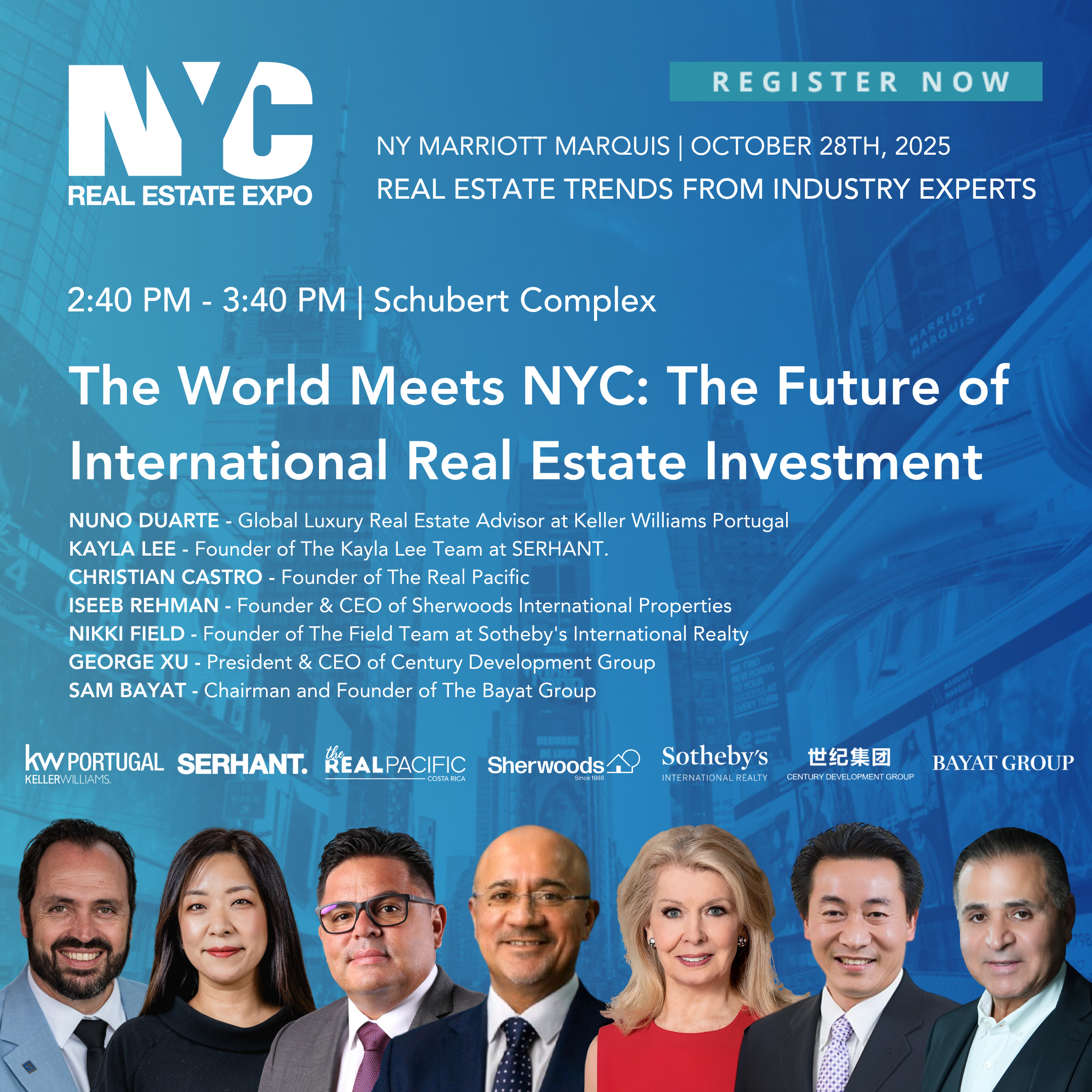 Group of diverse professionals with headshots taken at the NYC Real Estate Expo, including prominent speakers and industry leaders, promoting an event at the NYC Marriott Marquis on October 28th, 2025.