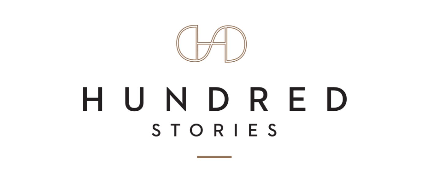 Logo for Hundreds Stories featuring a stylized design and the text "HUNDRED STORIES" in black, with a minimalist line graphic above.