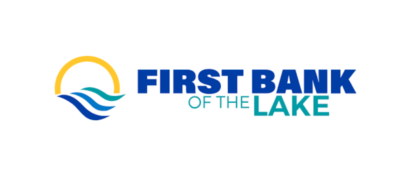 Logo for First Bank of the Lake featuring a stylized sun, water waves, and text in blue and teal.