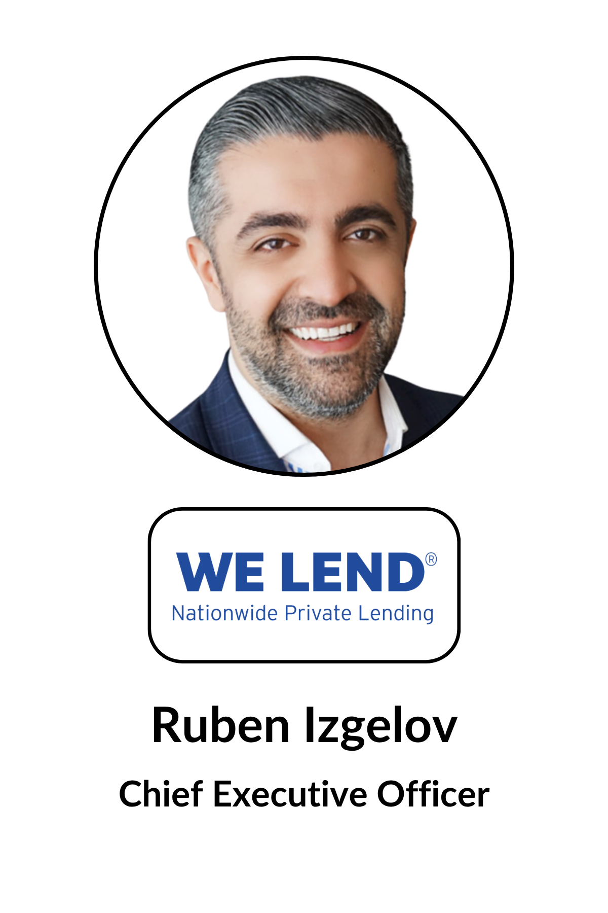 Headshot of Ruben Izgelov, smiling man with dark hair and beard, in a suit with a white shirt, above a logo that reads 'WE LEND Nationwide Private Lending' and his name and title 'Chief Executive Officer'.