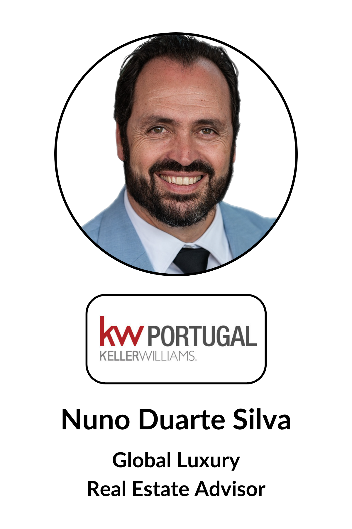 A professional headshot of Nuno Duarte Silva, a real estate advisor, in a blue suit and black tie, with the KW Portugal Keller Williams logo and text indicating he works in global luxury real estate.