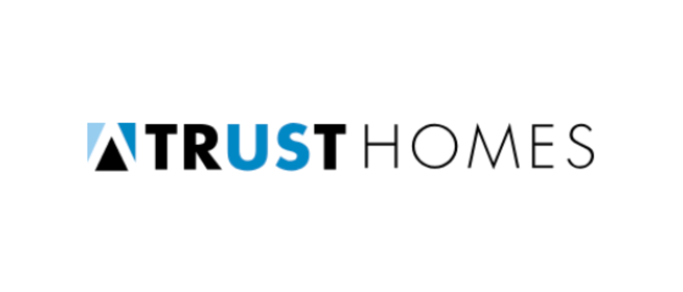 Logo for Trust Homes with stylized text and a house roof icon.