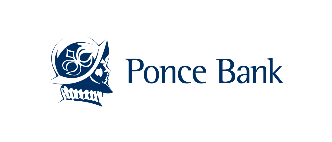 Ponce Bank logo featuring a stylized skull wearing a bandana and a hat with a floral design, next to the text 'Ponce Bank'.