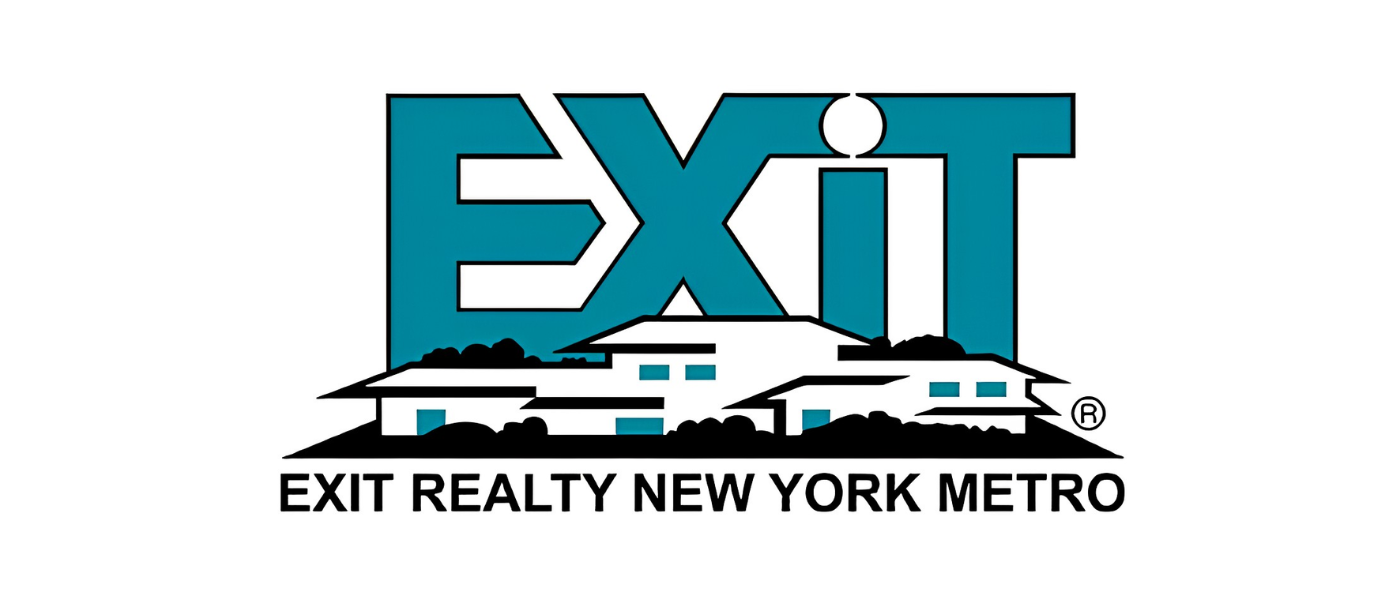 Logo with large blue letters spelling "EXIT" and a stylized depiction of a house or building underneath, with the text "EXIT REALTY NEW YORK METRO" below.