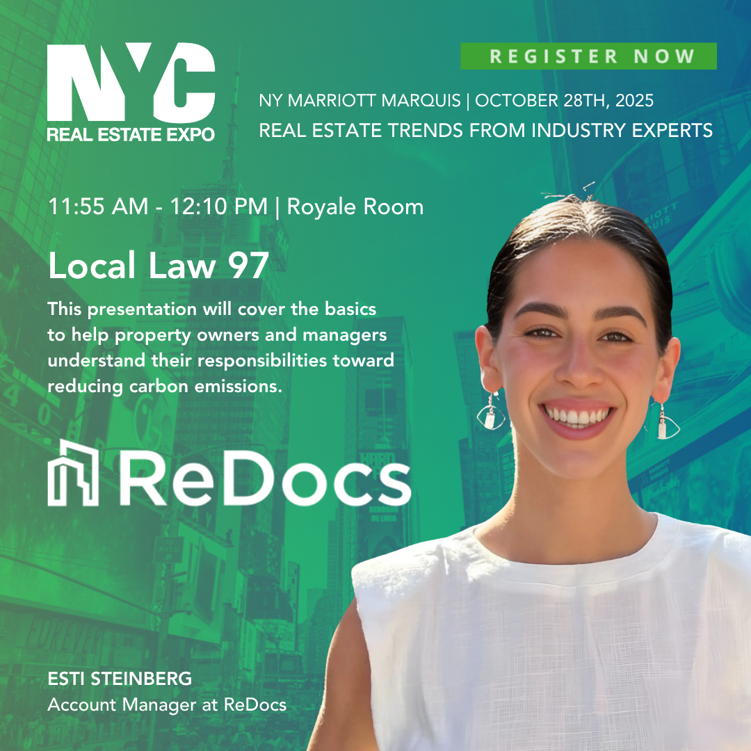 Event poster for the NYC Real Estate Expo at Marriott Marquis on October 28th, 2025, featuring a presentation on Local Law 97 by Esti Steinberg, account manager at ReDocs, with a smiling young woman in the foreground and a cityscape background.