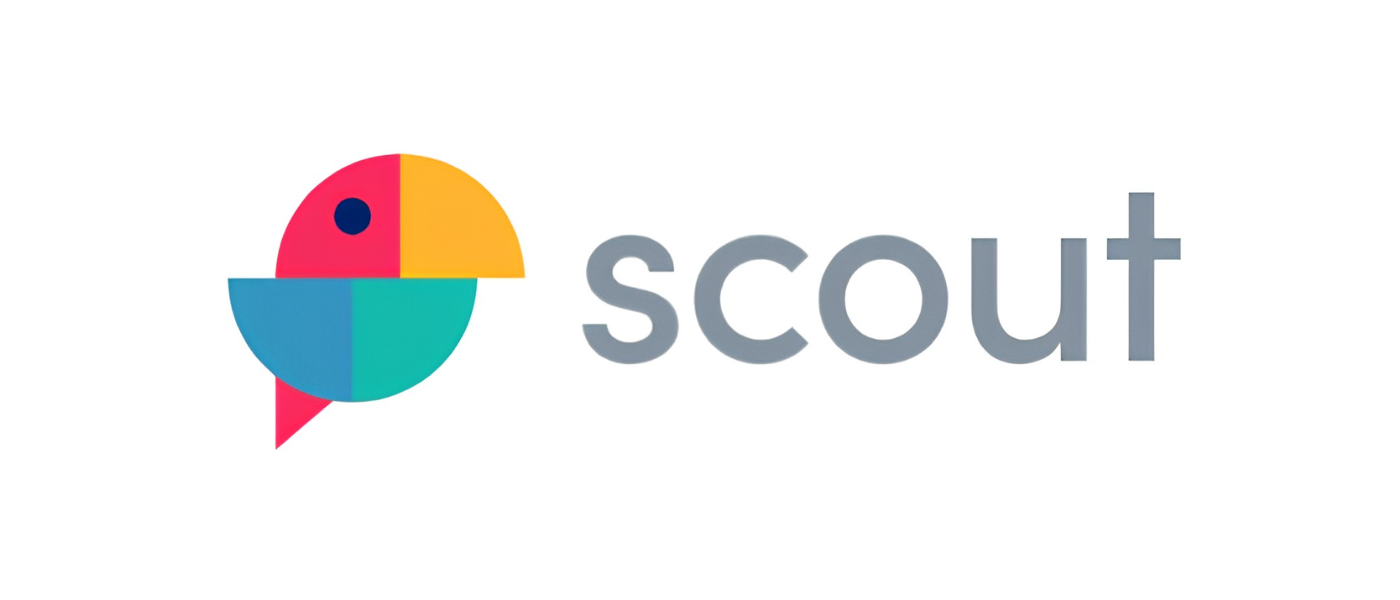 Scout logo with a stylized bird made of colorful geometric shapes and the word 'scout' in gray text.