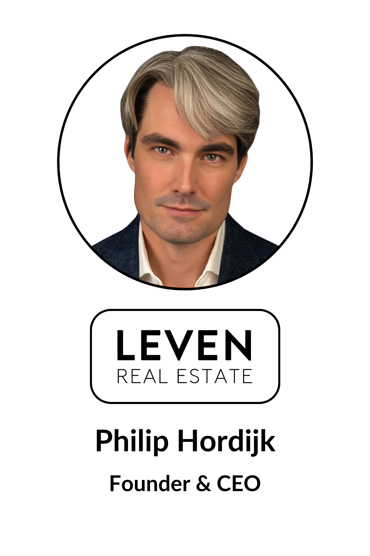 Business card featuring a professional headshot of Philip Hordijk, founder and CEO of Leven Real Estate. The card has the company's logo with the name and title above his name.