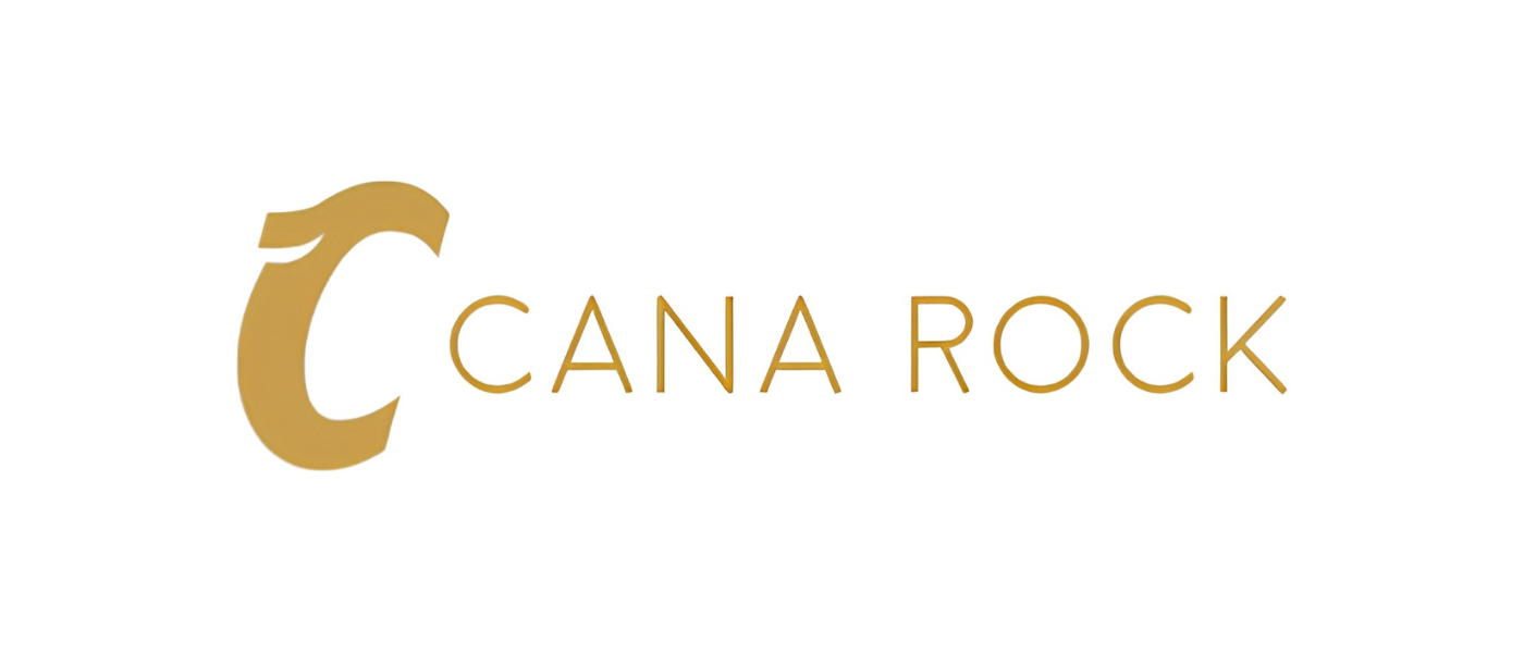 Logo with a stylized letter 'C' in gold color followed by the text 'CANA ROCK' in gold on a white background.