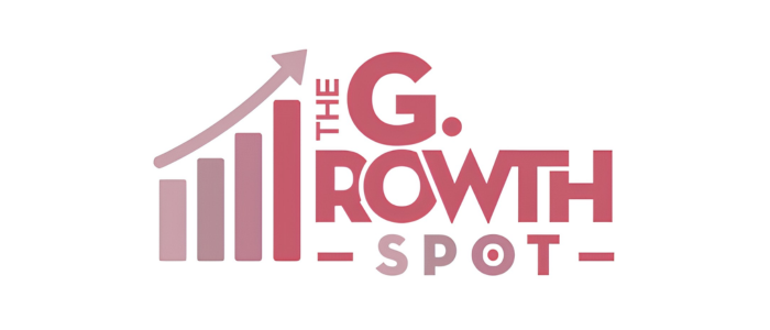 Logo with an upward arrow and bar chart next to the text 'The G. Growth Spot' in pink and gray.
