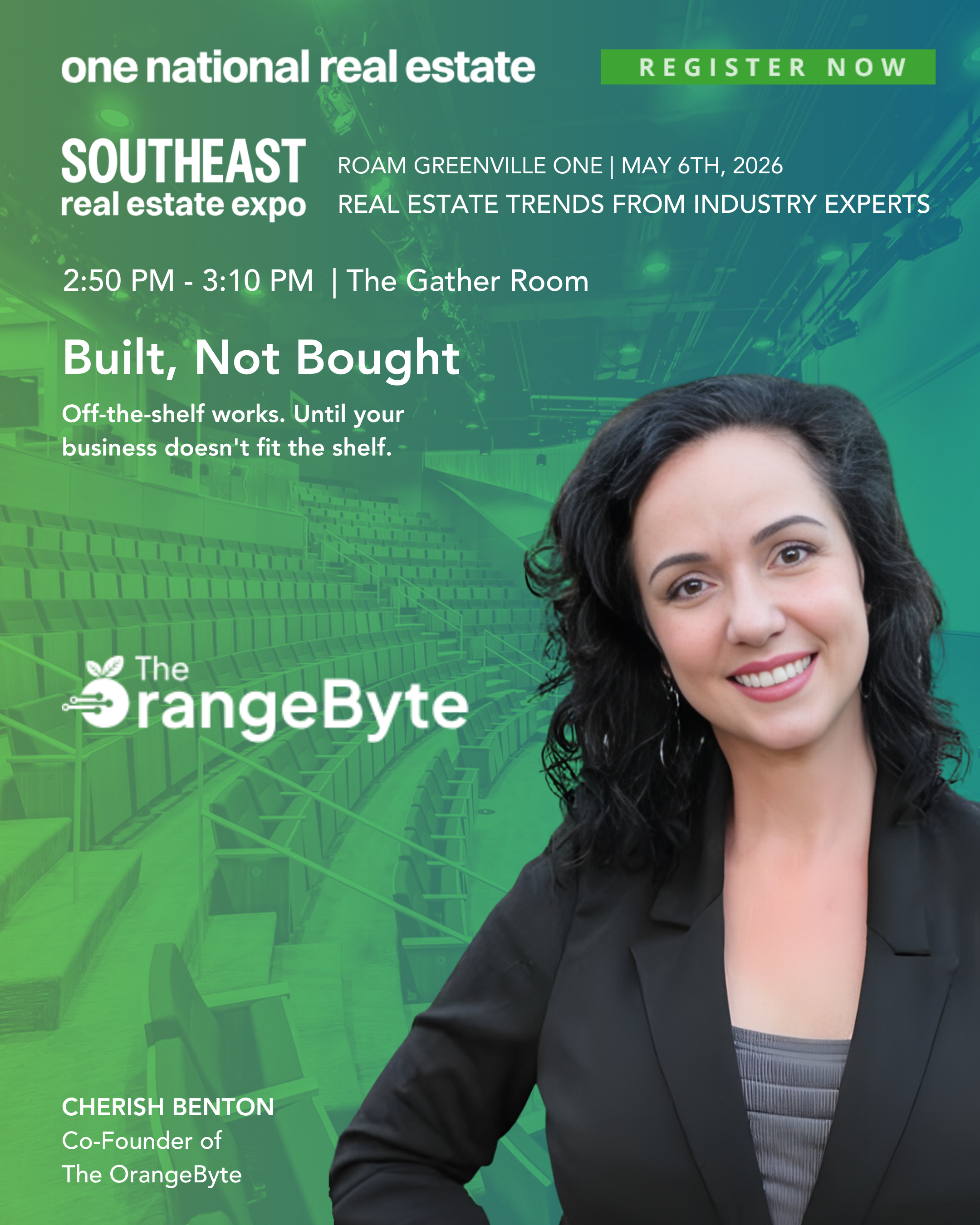 A promotional digital graphic with a green background featuring an event titled 'Southeast Real Estate Expo' scheduled for May 6th, 2026, at The Gather Room from 2:50 PM to 3:10 PM. The event is organized by 'One National Real Estate.' The graphic di