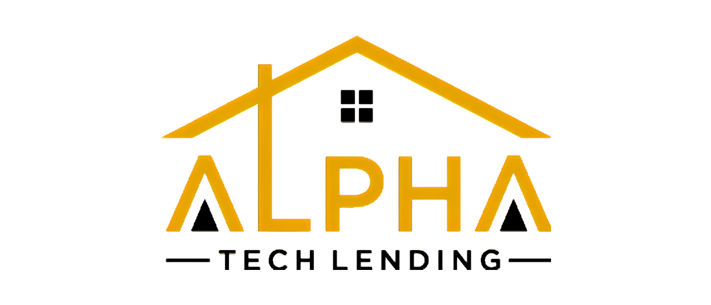 Logo for Alpha Tech Lending featuring a stylized house with the word 'ALPHA' with tent shapes as the 'A's and a line drawing of a house roof, with the words 'TECH LENDING' underneath.