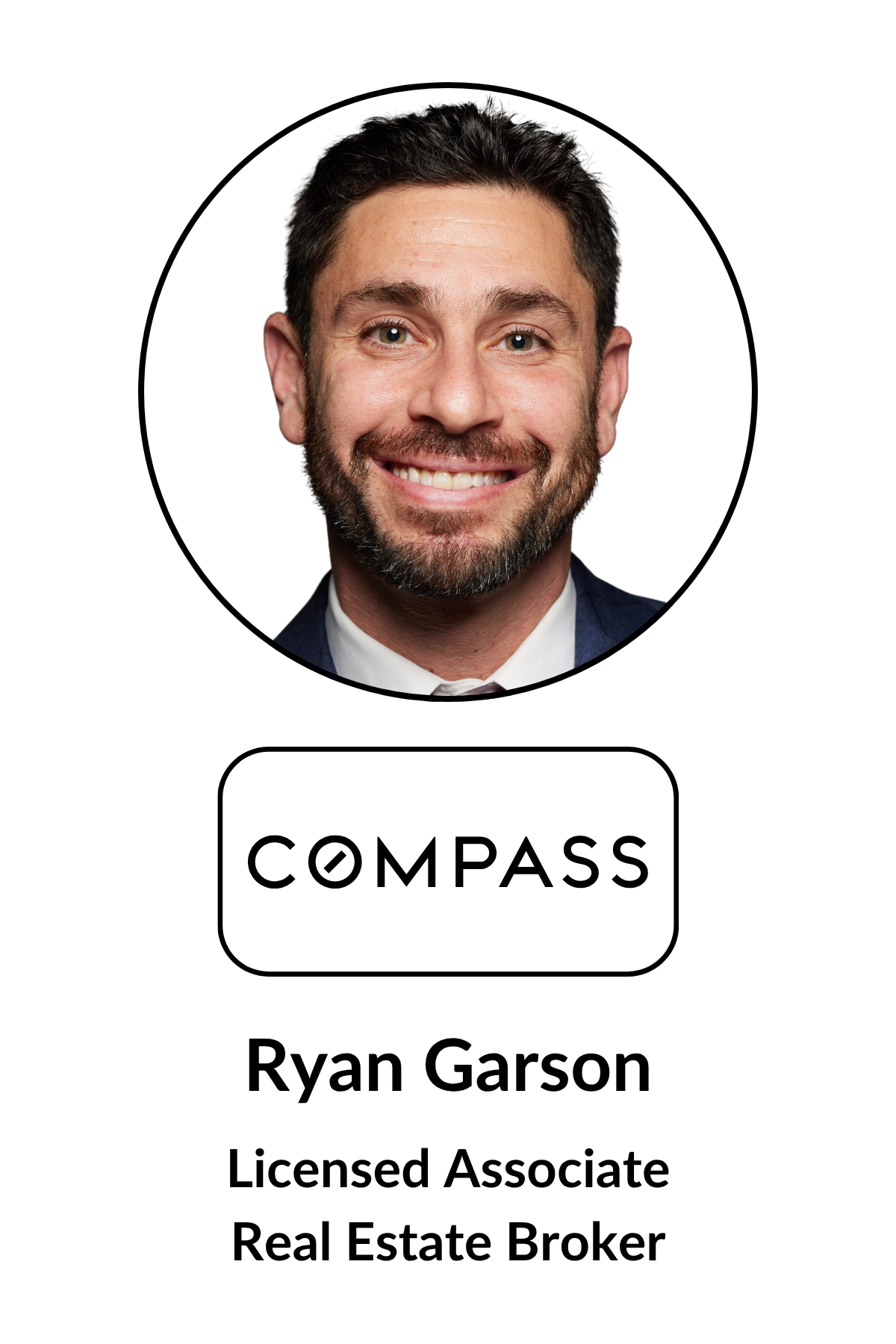 A professional headshot of Ryan Garson, a licensed real estate broker, smiling and dressed in a suit, with the COMPASS logo below the photo.