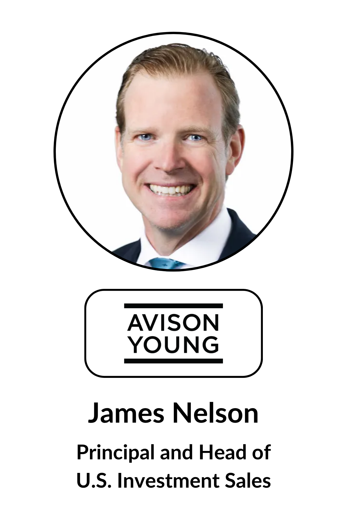 Professional headshot of James Nelson, smiling, wearing a suit and tie, with text indicating his name and title as Principal and Head of U.S. Investment Sales.
