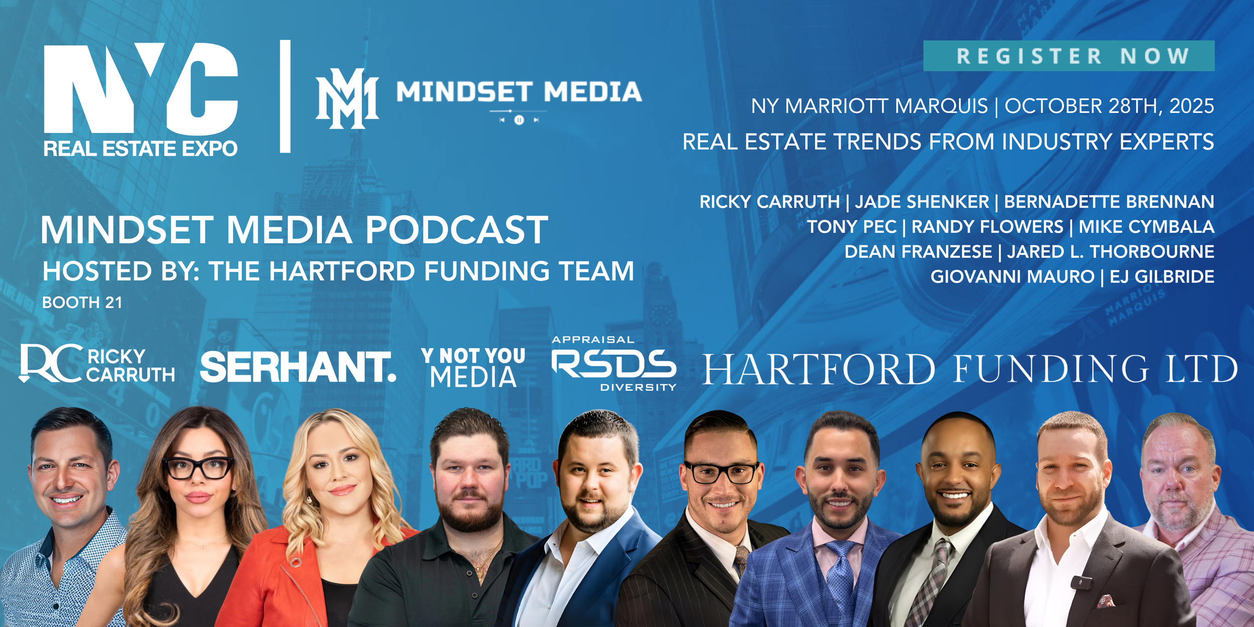 Promotional banner for NYC Real Estate Expo and Mindset Media Podcast featuring headshots of diverse industry professionals.