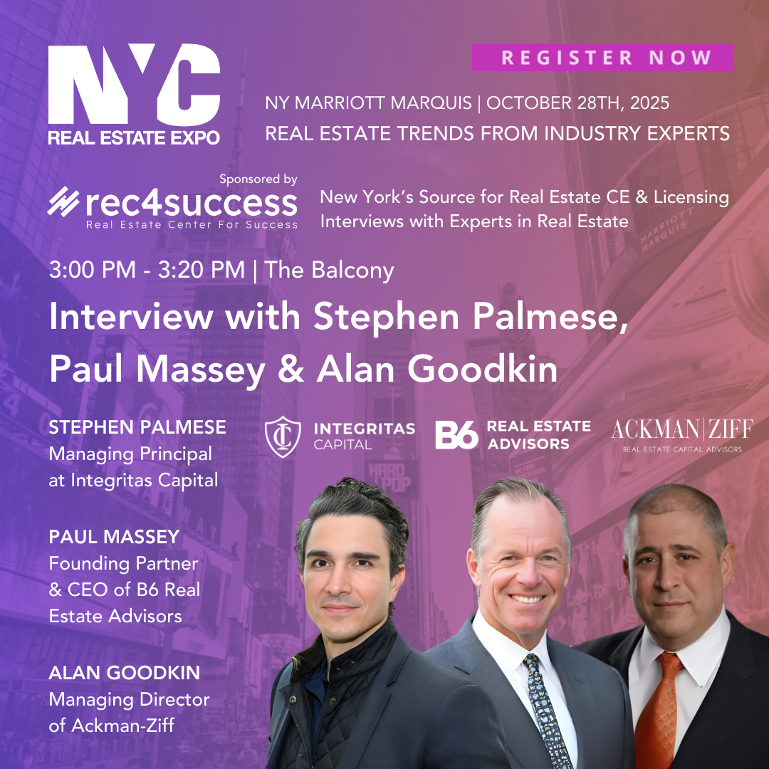 Poster for the NYC Real Estate Expo scheduled on October 28th, 2025, at NY Marriott Marquis. Features a panel interview with Stephen Palmese, Paul Massey, and Alan Goodkin from 3:00 to 3:20 PM on The Balcony, discussing real estate trends and insight