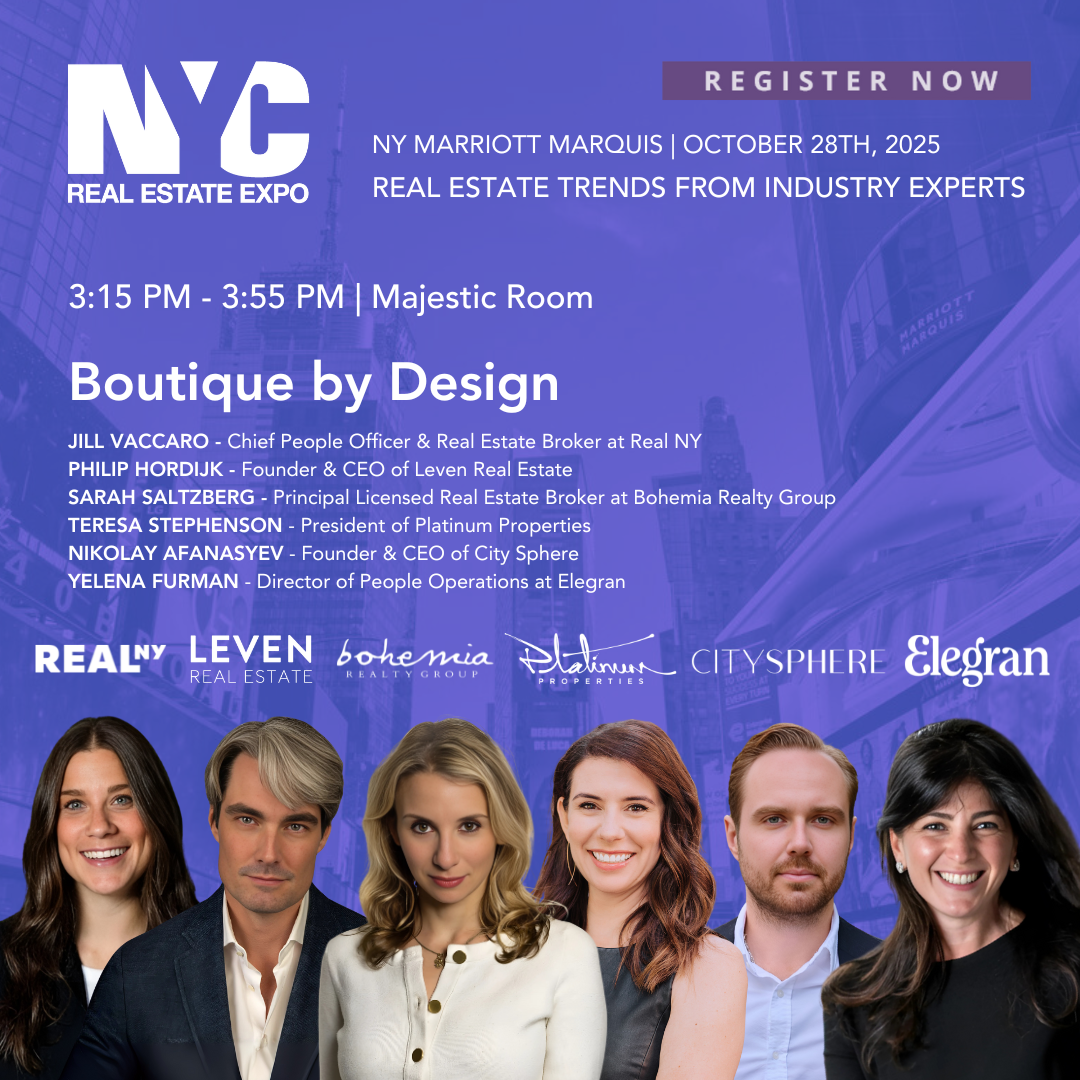Event poster for NYC Real Estate Expo taking place at the NY Marriott Marquis on October 28th, 2025, featuring a session titled 'Boutique by Design' with speaker photos at the bottom.