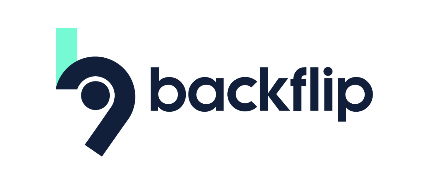 Backflip logo with stylized arrow and text in dark blue