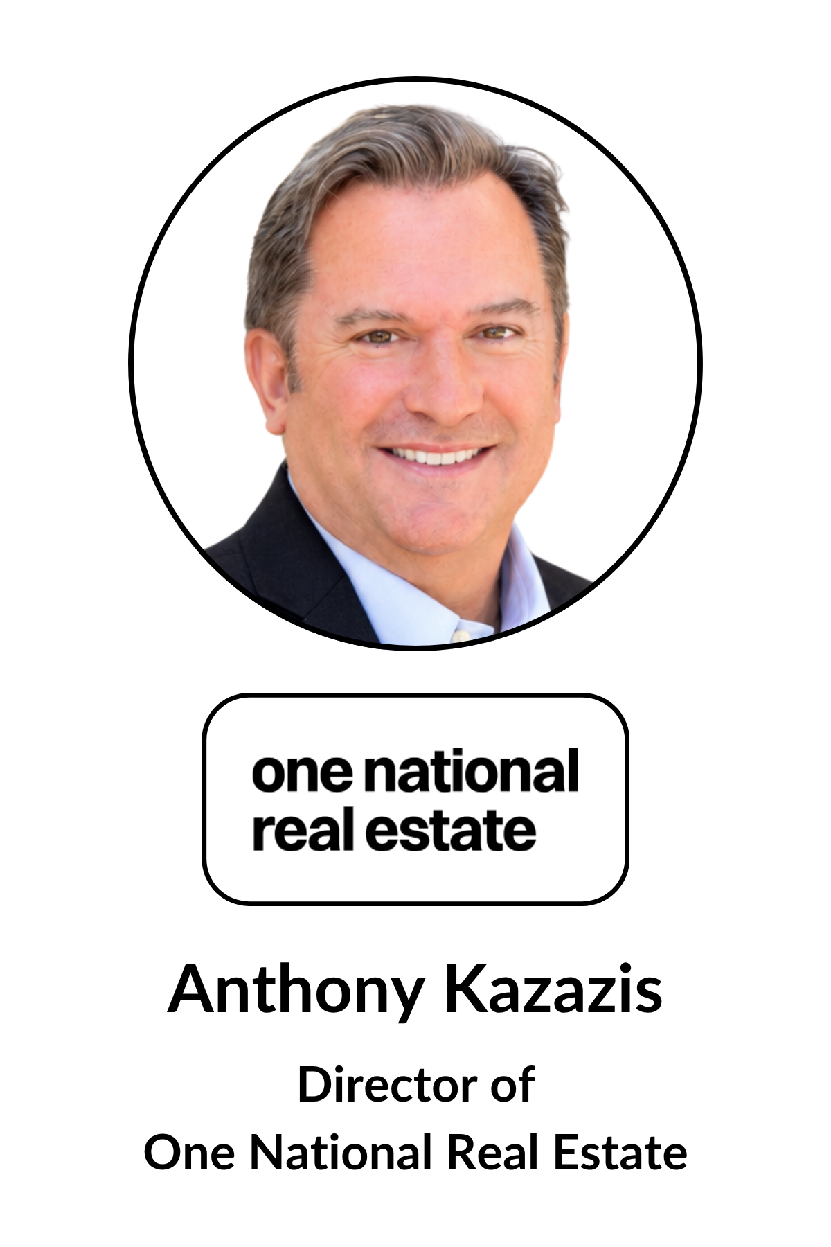 Portrait of a smiling man with dark hair combed to the side, wearing a dark suit jacket and light-colored dress shirt, with text below reading "one national real estate" and "Anthony Kazazis, Director of One National Real Estate."