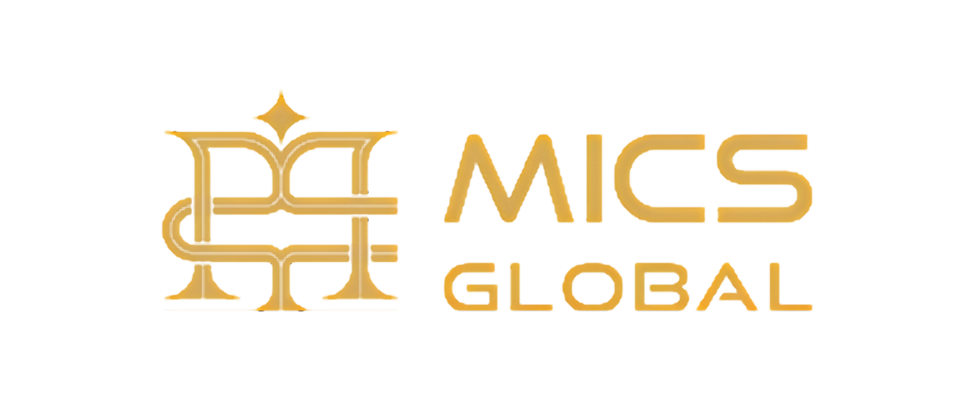 Gold logo of MICS Global with an abstract geometric design and stylized text