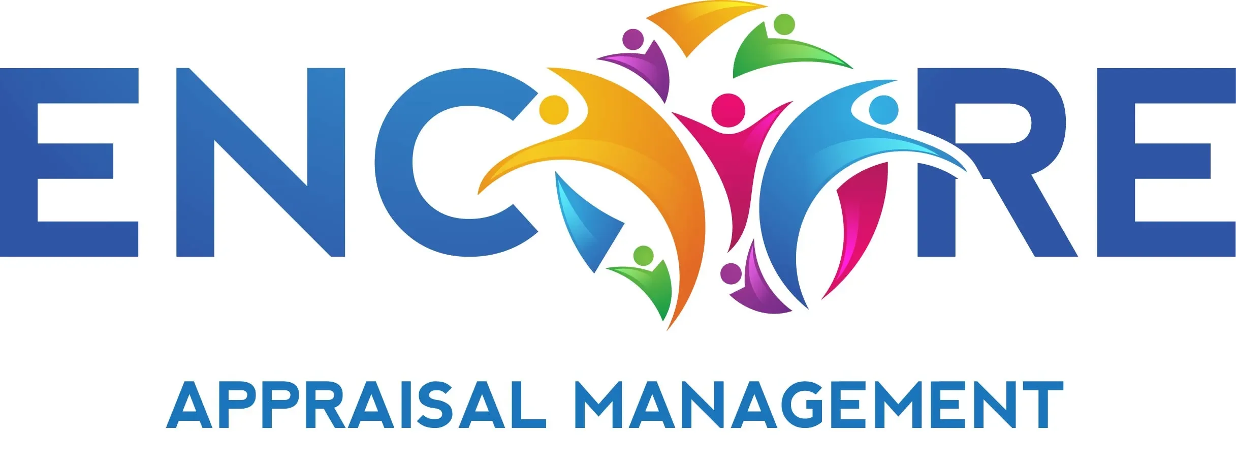 Colorful logo with the word "ENCORE" and the phrase "APPRAISAL MANAGEMENT" beneath it, featuring abstract human figures in various colors surrounding a globe.