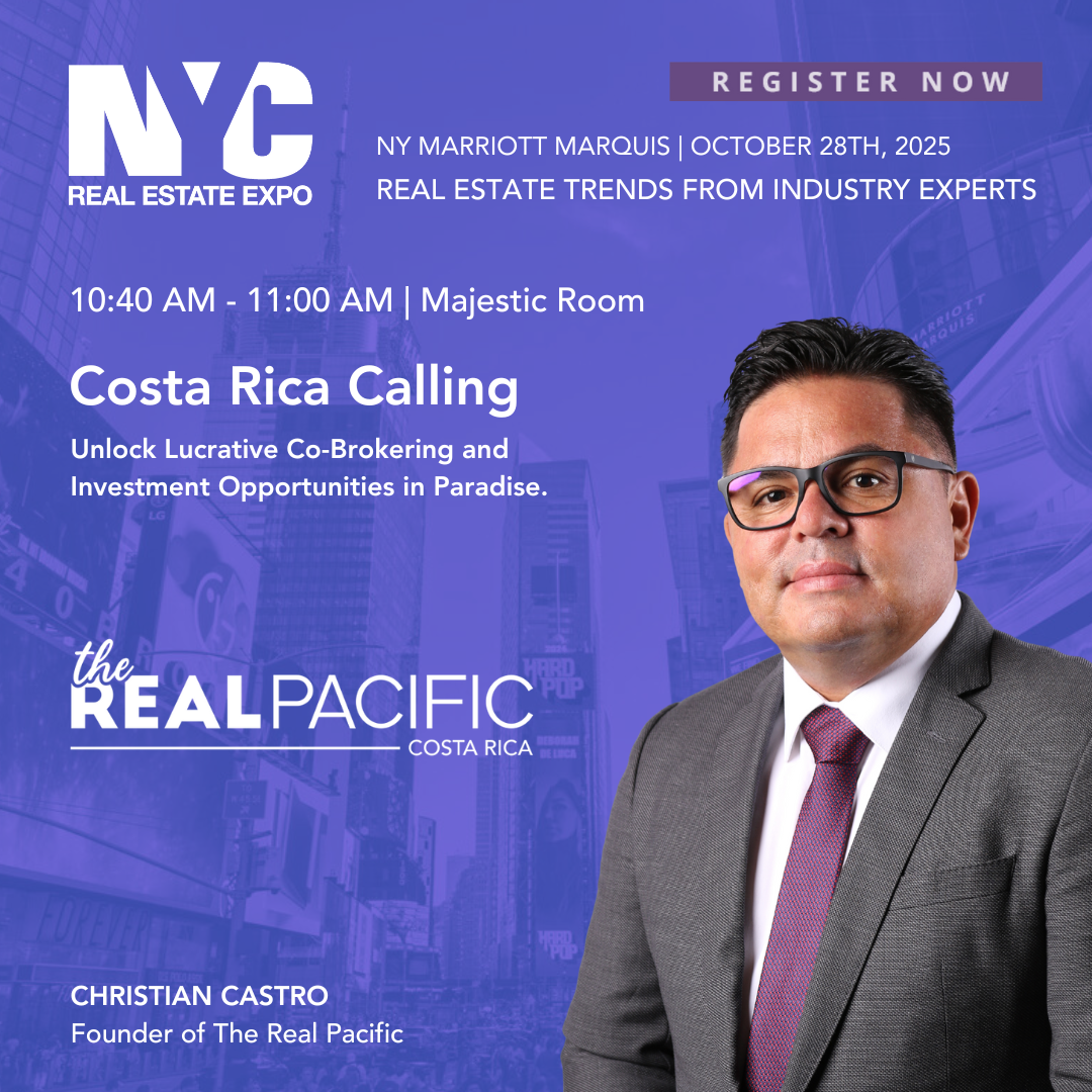 Promotional flyer for the NYC Real Estate Expo featuring Christian Castro, founder of The Real Pacific, with event details including date, time, location, and session topic about Costa Rica investment opportunities.