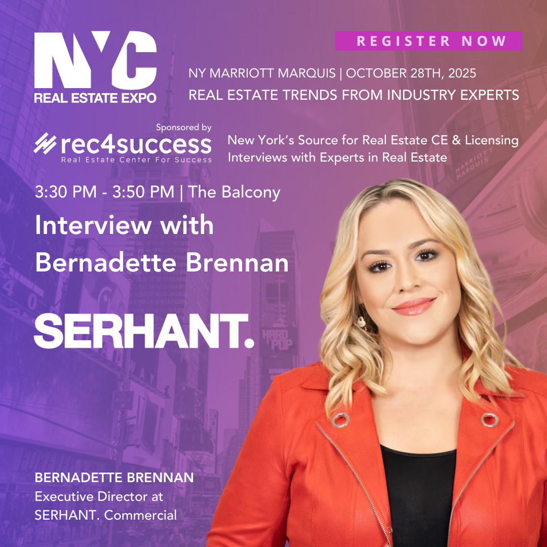 Promotional poster for NYC Real Estate Expo at NY Marriott Marquis on October 28th, 2025, featuring an interview with Bernadette Brennan, Executive Director at SERHANT. The poster includes a photo of Bernadette Brennan and details about the event, sp