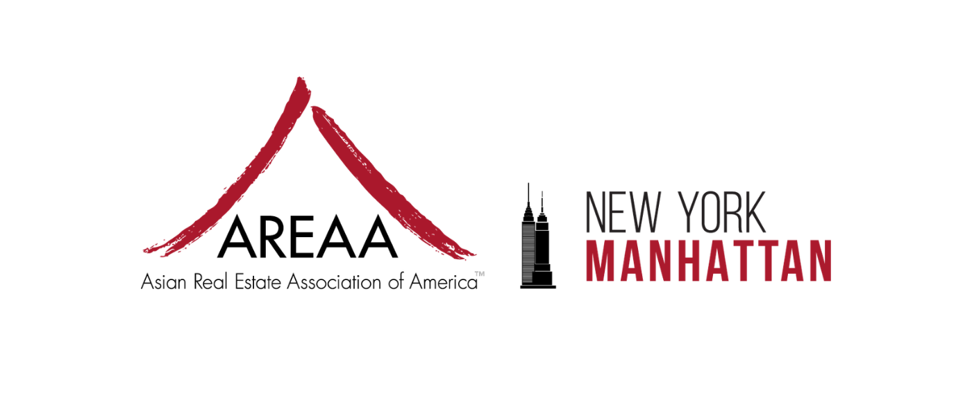 Logo of Asian Real Estate Association of America (AREAA) with stylized red mountain and black text, next to black and red skyline silhouette of New York City with the text 'New York Manhattan'.