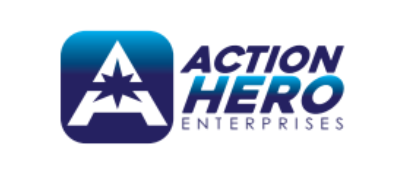 Logo for Action Hero Enterprises featuring a blue square with a white mountain and star graphic, and the company name in bold blue and purple text.