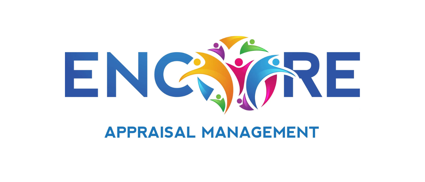 The image displays a logo for ENCURE Appraisal Management, with the word ENCURE in bold blue letters. Between the letters E and R, there is an abstract design of colorful stylized human figures in orange, purple, green, pink, and blue, forming a circ
