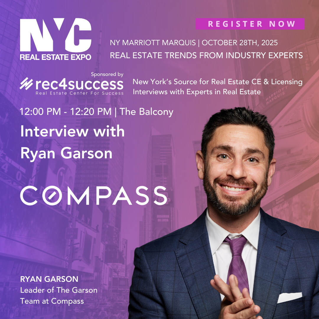 A promotional poster for the NYC Real Estate Expo featuring an interview with Ryan Garson by Compass, scheduled for October 28th, 2025, from 12:00 PM to 12:20 PM at The Balcony, sponsored by rec4success.