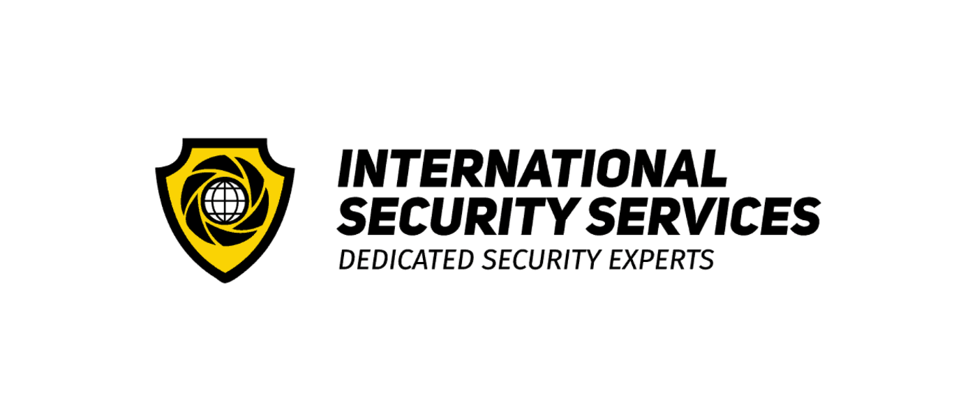 Logo for International Security Services featuring a yellow shield with a shield and globe emblem, and the text 'International Security Services' with the tagline 'Dedicated Security Experts'.